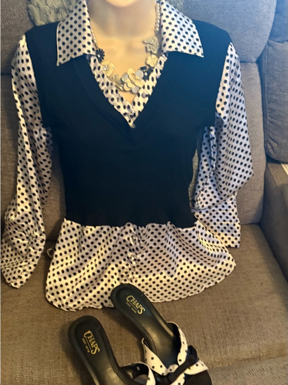 Polka Dot Layered V-Neck Women’s Top - Black & White & matching shoes Sz 9